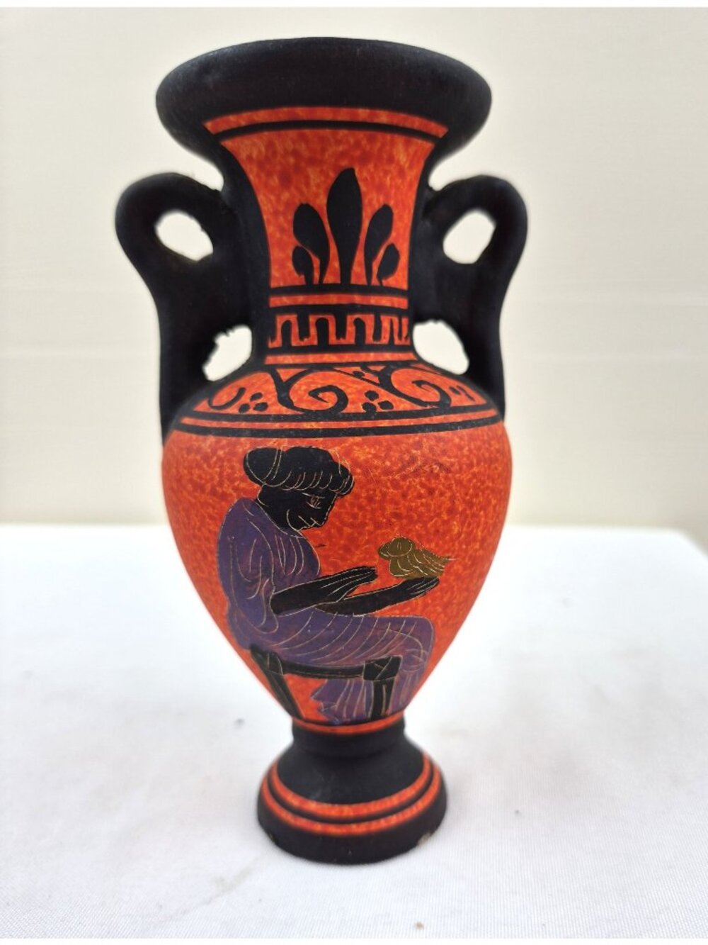 Hand-Painted Vintage Greek-Style Miniature Vase With Black & Red Motif And Woman